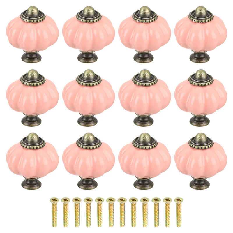 12pcs Pink Pumpkin Knobs Vintage Drawer Pulls with 12 Screws Ceramic