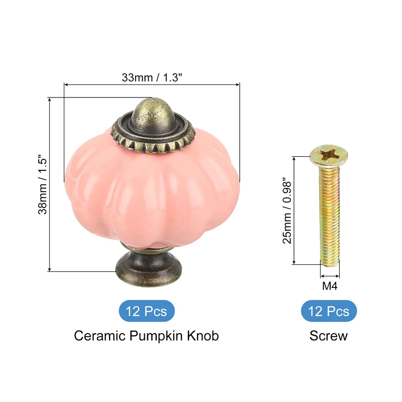 12pcs Pink Pumpkin Knobs Vintage Drawer Pulls with 12 Screws Ceramic
