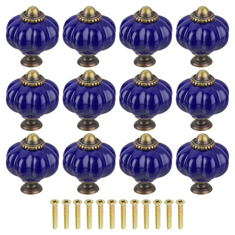 12pcs Navy Blue Pumpkin Knobs, Vintage Drawer Pulls with 12 Screws, Ceramic
