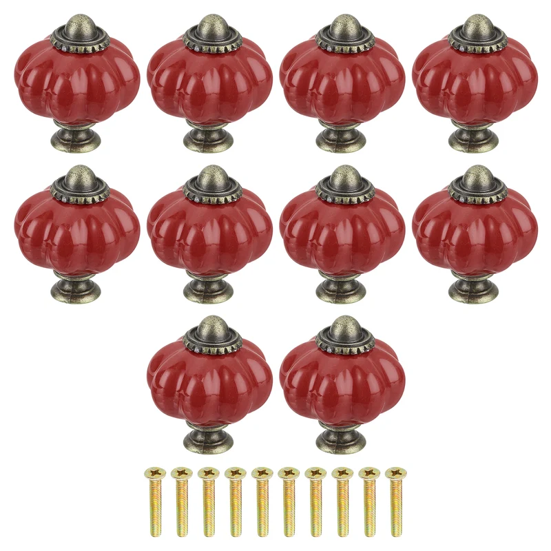 12pcs Dark Red Pumpkin Knobs, Vintage Drawer Pulls with 12 Screws, Ceramic