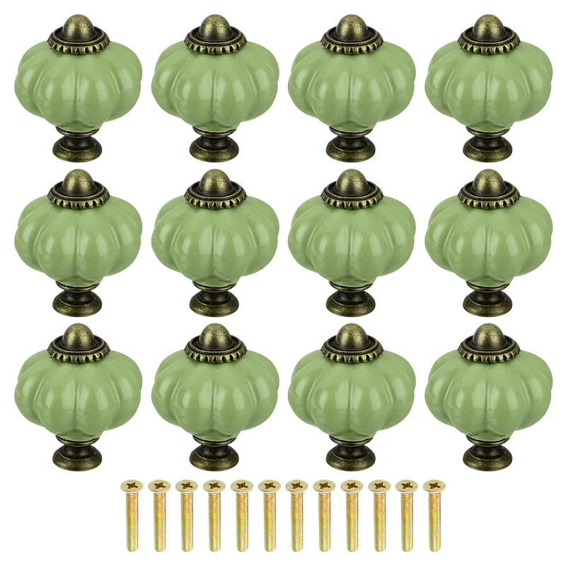 12pcs Grass Green Pumpkin Knobs, Vintage Drawer Pulls with 12 Screws, Ceramic