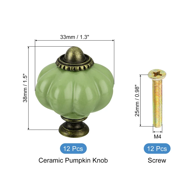 12pcs Grass Green Pumpkin Knobs, Vintage Drawer Pulls with 12 Screws, Ceramic