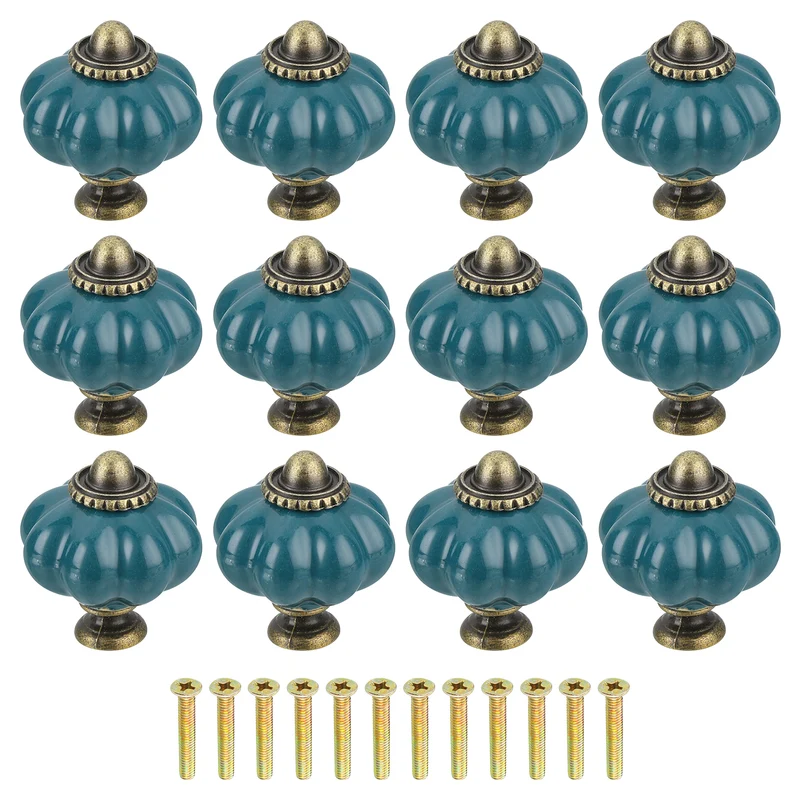 12pcs Teal Pumpkin Knobs Vintage Drawer Pulls with 12 Screws Ceramic