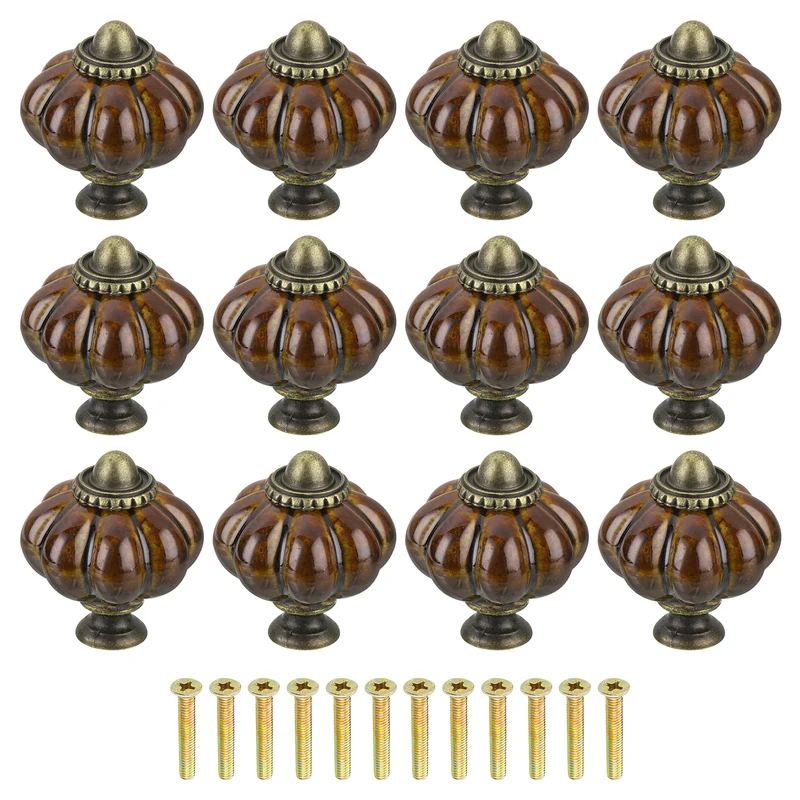 12pcs Coffee Pumpkin Knobs, Vintage Drawer Pulls with 12 Screws, Ceramic