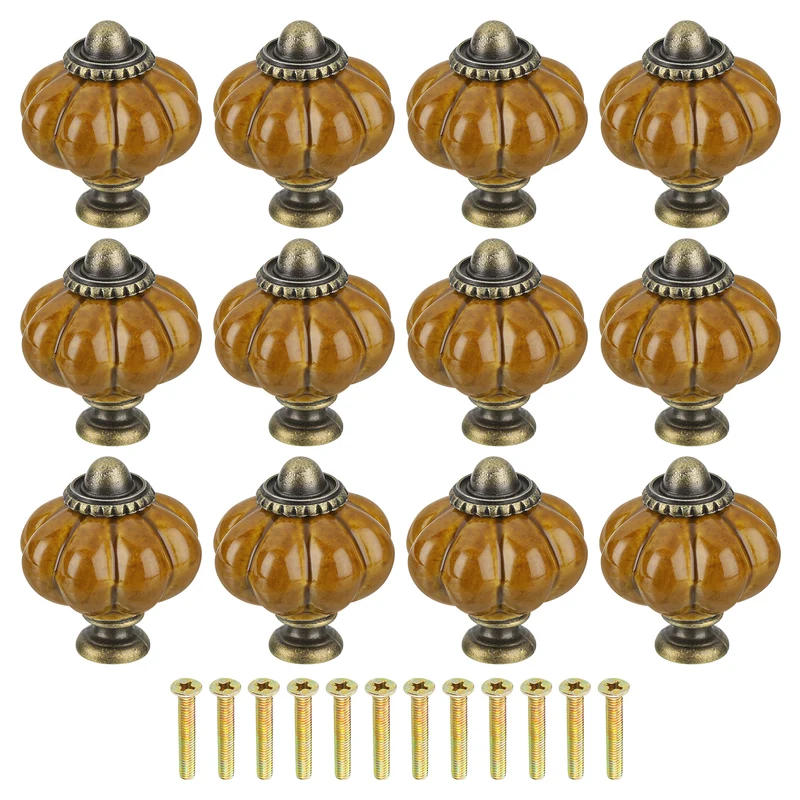 12pcs Brown Pumpkin Knobs, Vintage Drawer Pulls with 12 Screws, Ceramic