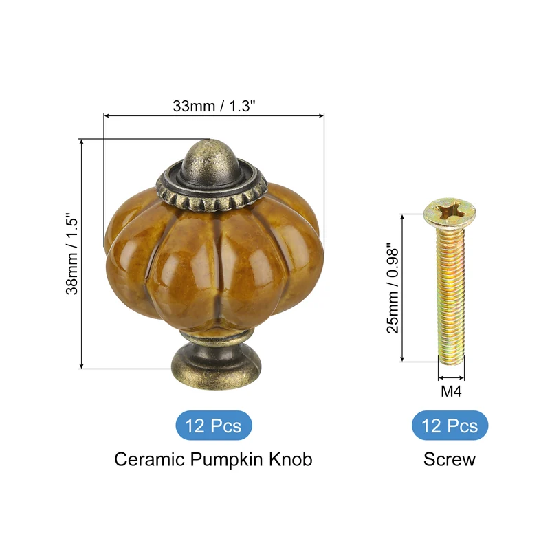 12pcs Brown Pumpkin Knobs, Vintage Drawer Pulls with 12 Screws, Ceramic