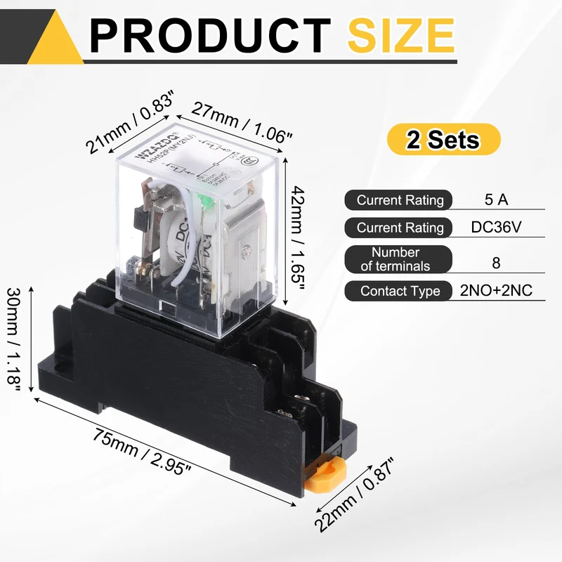 2Set DC36V Relay 8 Pin 5A DIN Rail Electromagnetic Power Relay