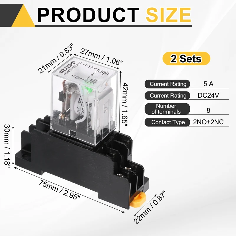 2Set DC24V Relay 8 Pin 5A DIN Rail Electromagnetic Power Relay