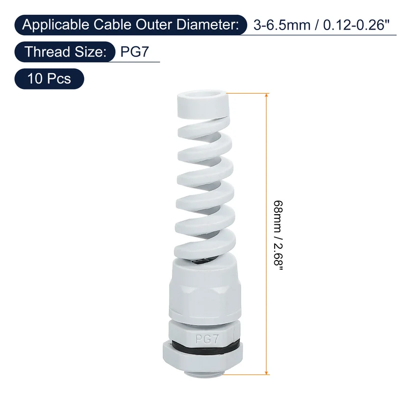10Pcs PG7 Waterproof Cable Gland, Spiral Strain Joint for 3-6.5mm Wire, White