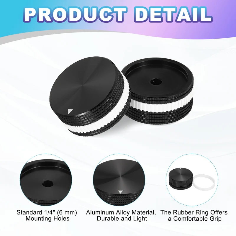 2Pcs Aluminium Potentiometer Knobs, 1/4"x0.7" w Black White Rubber Ring, Black