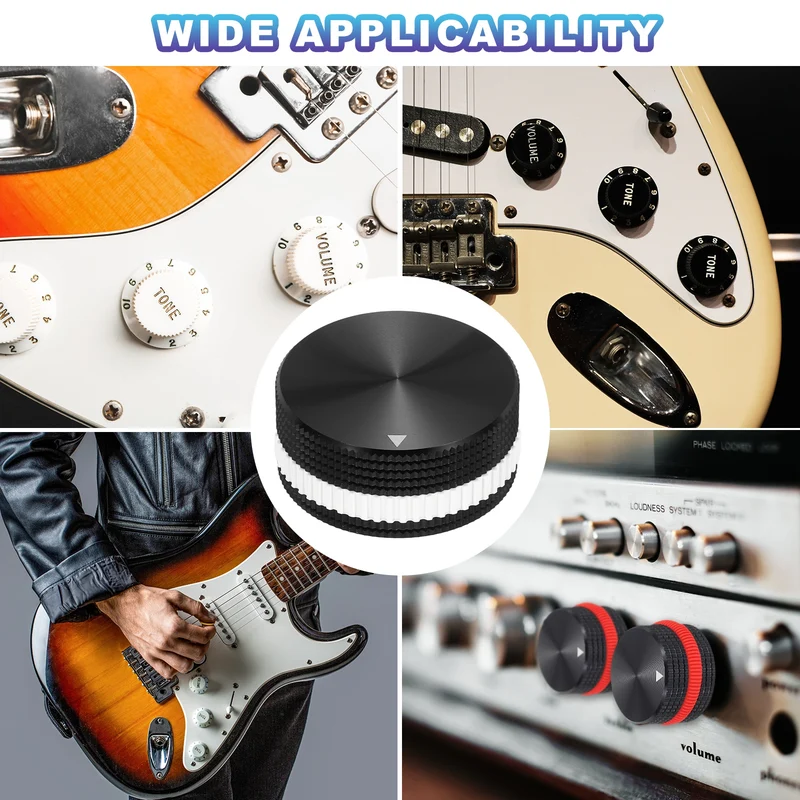 2Pcs Aluminium Potentiometer Knobs, 1/4"x0.7" w Black White Rubber Ring, Black