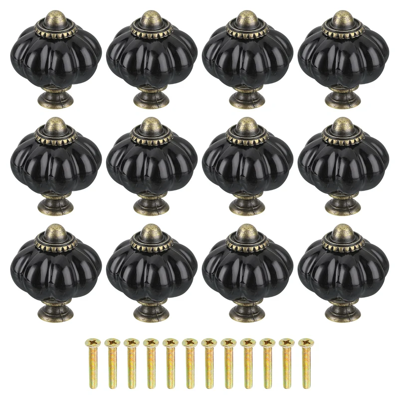 12pcs Black Pumpkin Knobs Vintage Drawer Pulls with 12 Screws Ceramic
