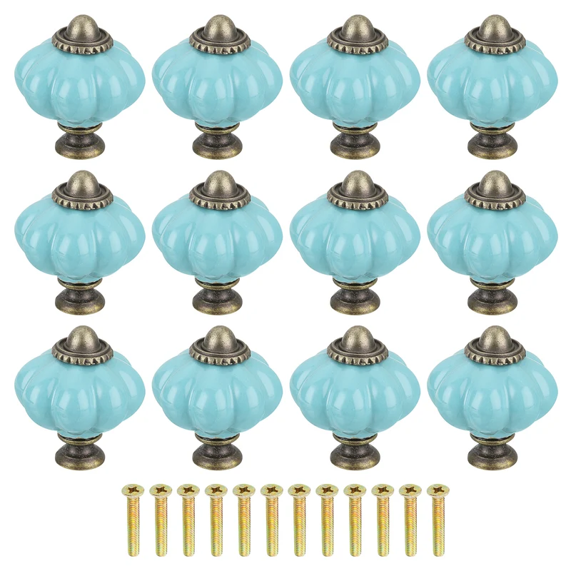 12pcs Celadon Pumpkin Knobs, Vintage Drawer Pulls with 12 Screws, Ceramic