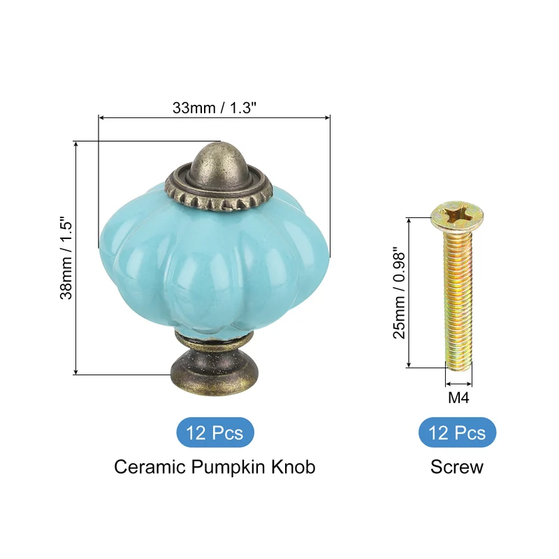 12pcs Celadon Pumpkin Knobs, Vintage Drawer Pulls with 12 Screws, Ceramic