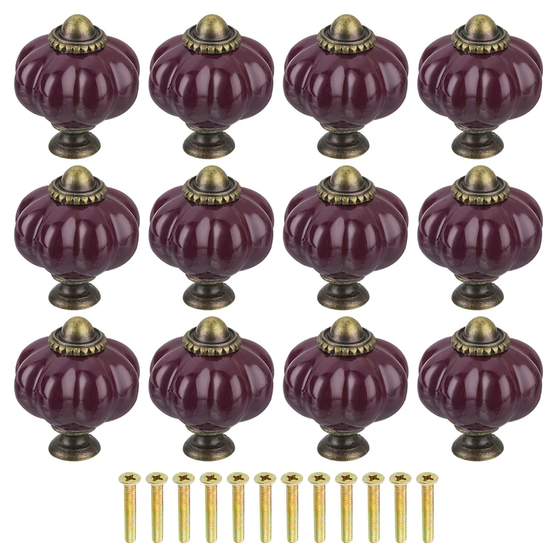 12pcs Dark Purple Pumpkin Knobs Vintage Drawer Pulls with 12 Screws Ceramic