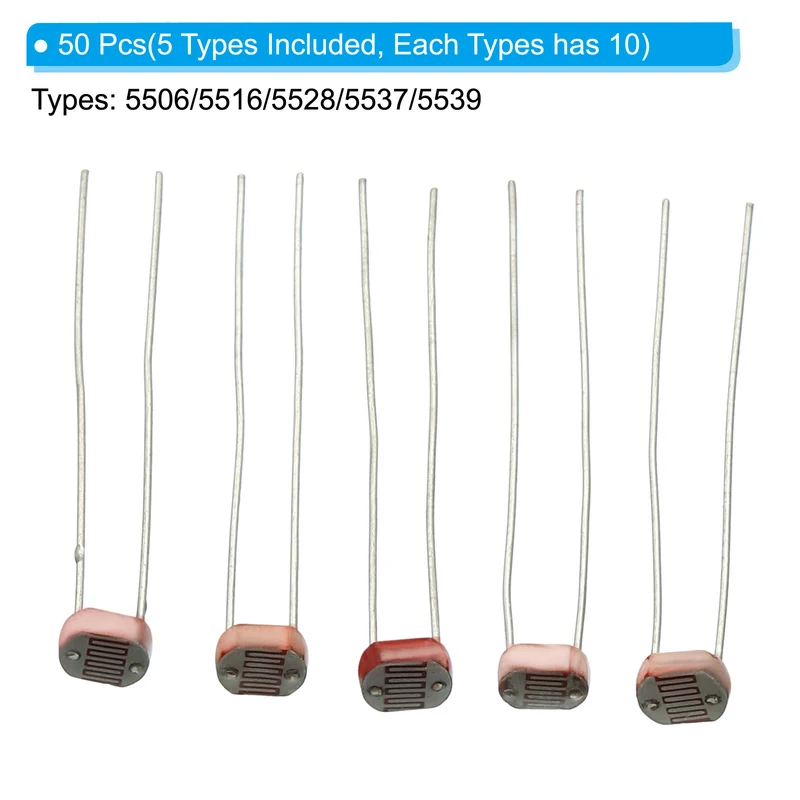5mm Light Dependent Resistor Assorted Kit, 50pcs Photoresistors LDR 5506/5516/5528/5537/5539 Photo Light Sensitive Resistor for Electrical Circuit
