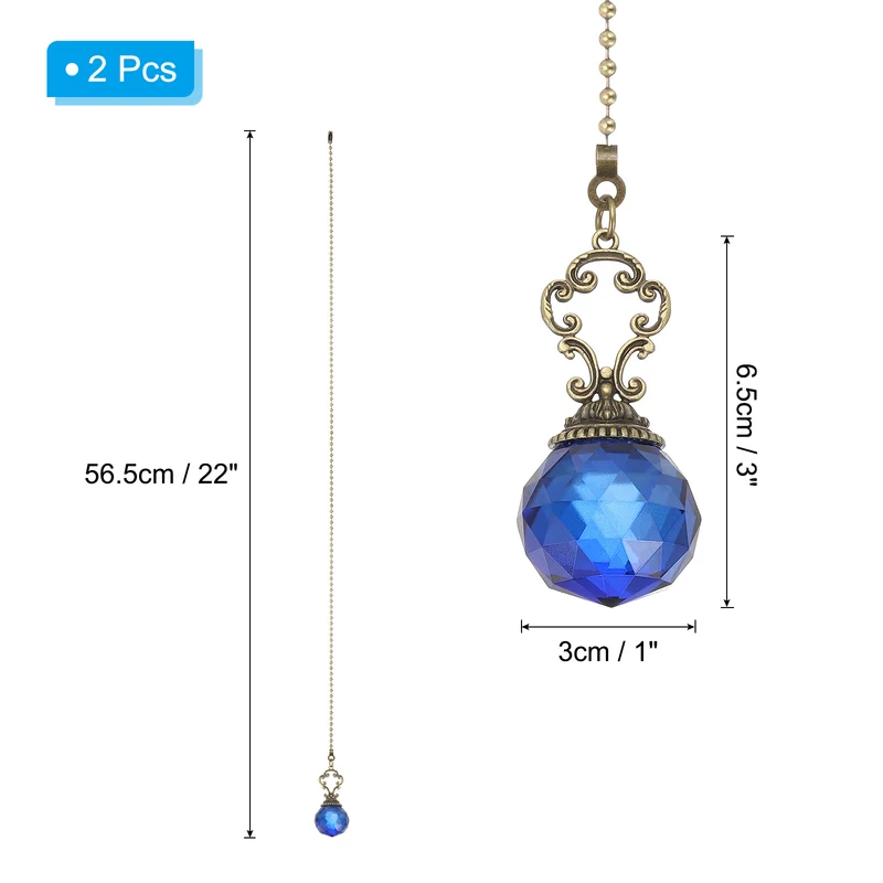 2 Pcs 22" Crystal Ceiling Fan Pull Chain, Blue (Crystal Prism Ball)