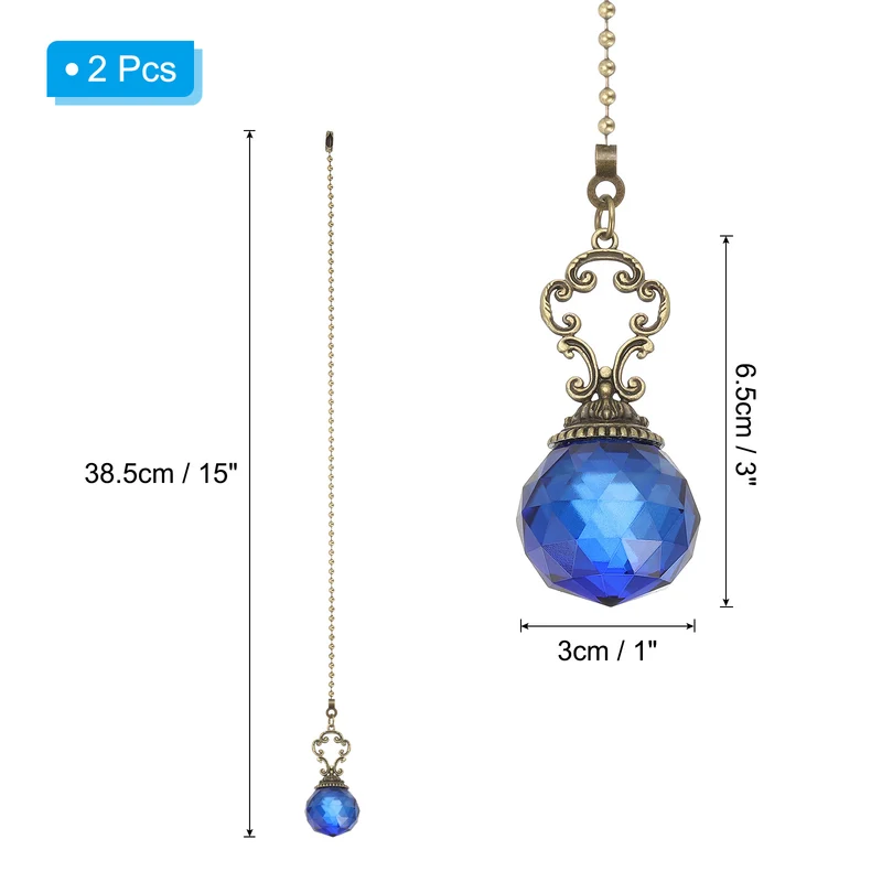 2 Pcs 15" Crystal Ceiling Fan Pull Chain, Blue (Crystal Prism Ball)