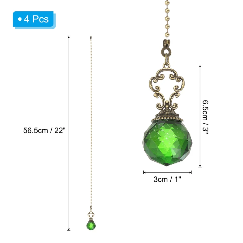 4 Pcs 22" Crystal Ceiling Fan Pull Chain, Green (Crystal Prism Ball)