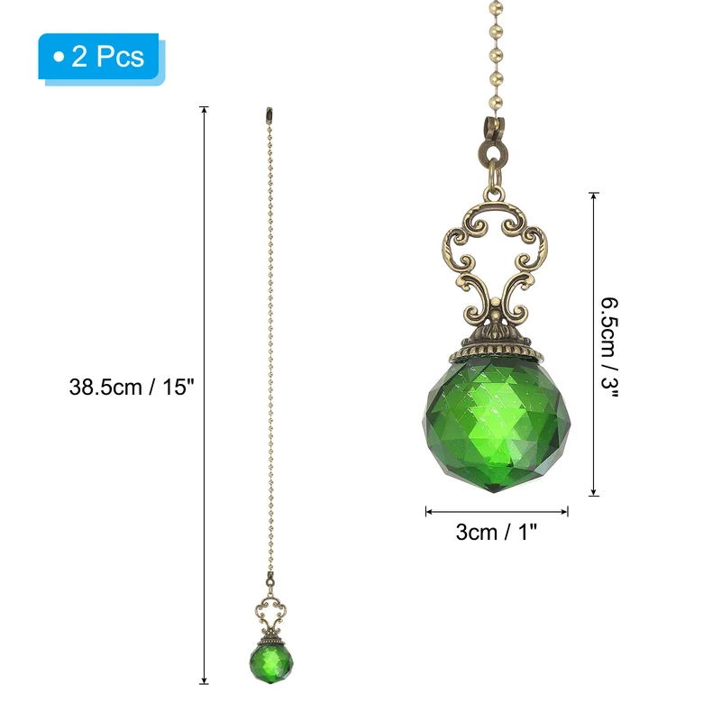 2 Pcs 15" Crystal Ceiling Fan Pull Chain, Green (Crystal Prism Ball)