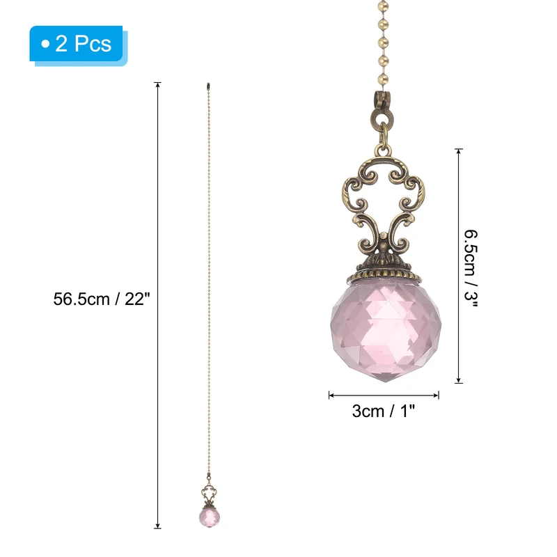 2 Pcs 22" Crystal Ceiling Fan Pull Chain, Pink (Crystal Prism Ball)