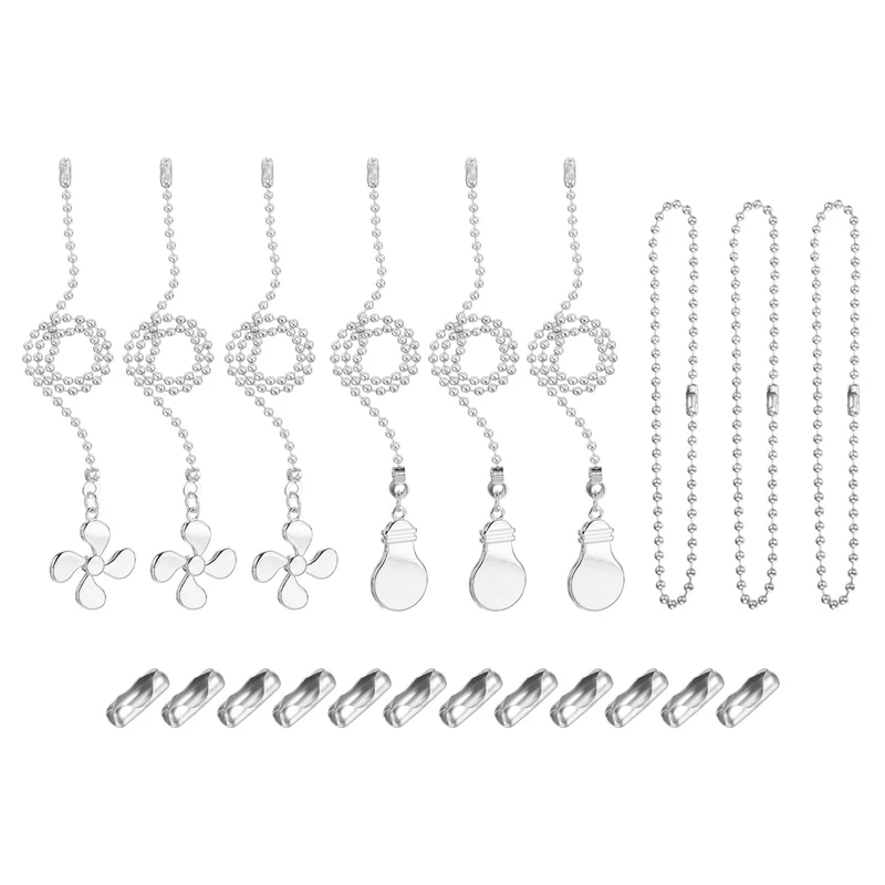 13" Ceiling Fan Pull Chain Set with Pull Loop Connectors Extension Chains, Silver Tone