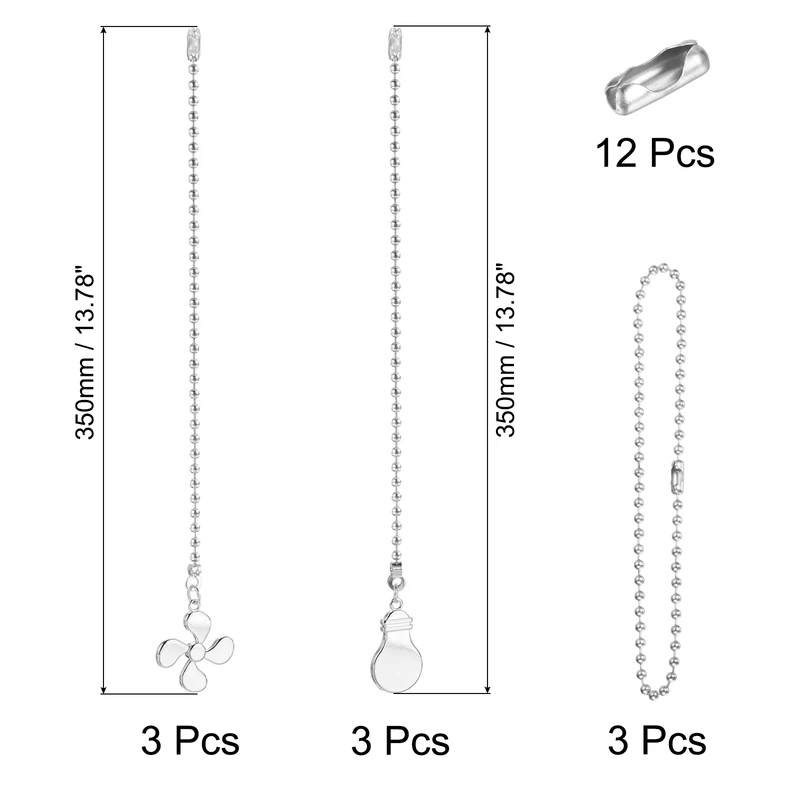13" Ceiling Fan Pull Chain Set with Pull Loop Connectors Extension Chains, Silver Tone