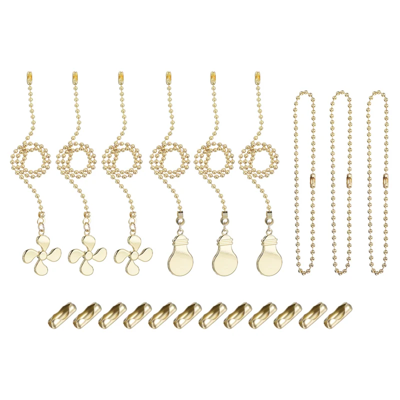 13" Ceiling Fan Pull Chain Set with Pull Loop Connectors Extension Chains, Golden Tone