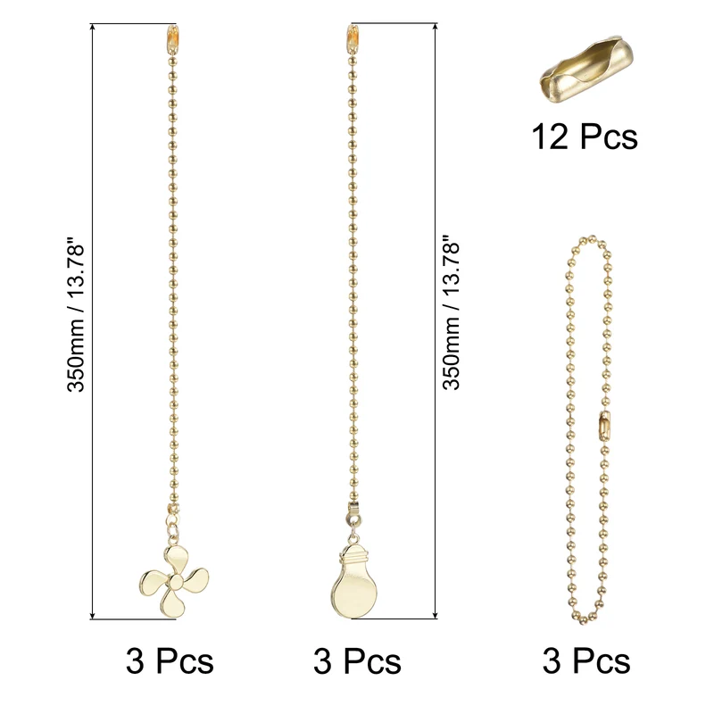 13" Ceiling Fan Pull Chain Set with Pull Loop Connectors Extension Chains, Golden Tone