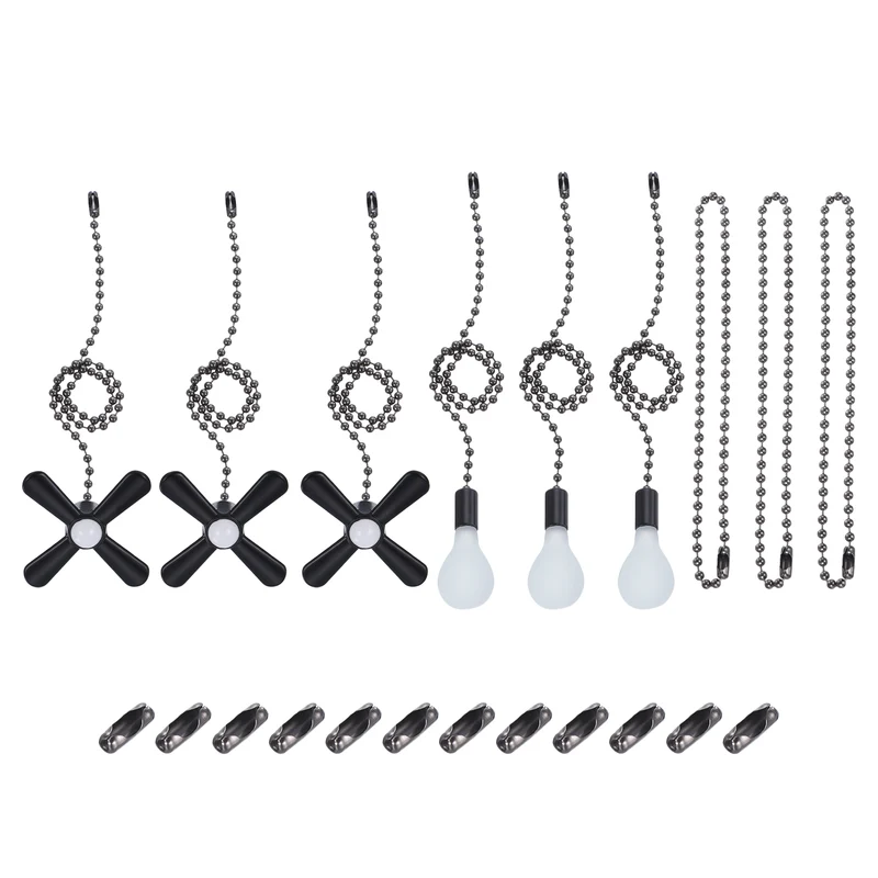 13" Ceiling Fan Pull Chain Set with Pull Loop Connectors Extension Chains, Black