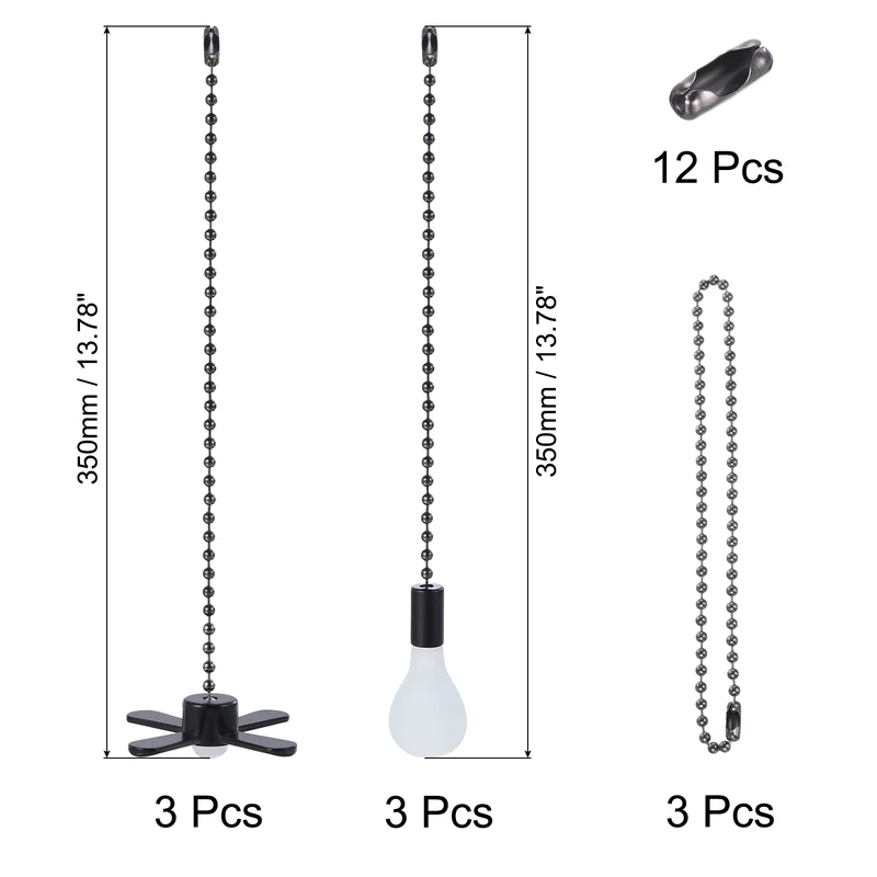13" Ceiling Fan Pull Chain Set with Pull Loop Connectors Extension Chains, Black