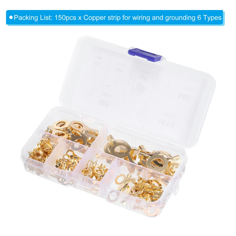 Ring Terminals Kit, 150pcs 8 Types Copper Wire Lugs Crimp Wire Connector Eyelets Cable Connection Clamp for Industrial Electric Battery