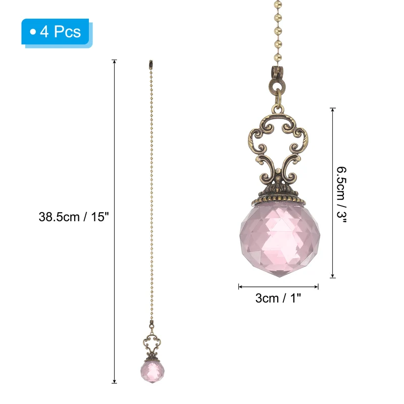 4 Pcs 15" Crystal Ceiling Fan Pull Chain, Pink (Crystal Prism Ball)