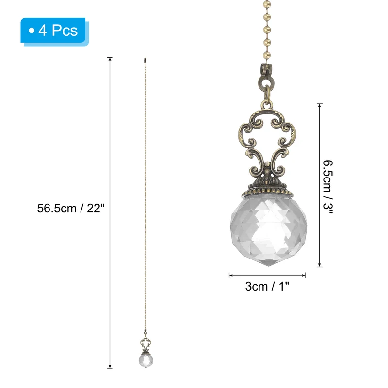 4 Pcs 22" Crystal Ceiling Fan Pull Chain, Clear (Crystal Prism Ball)