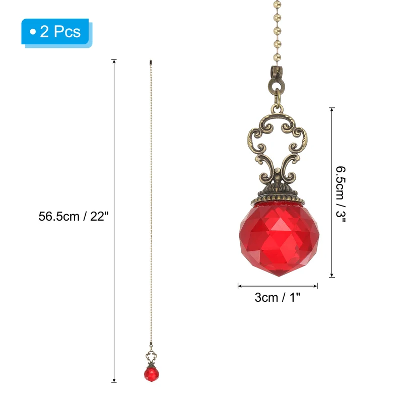 2 Pcs 22" Crystal Ceiling Fan Pull Chain, Red (Crystal Prism Ball)