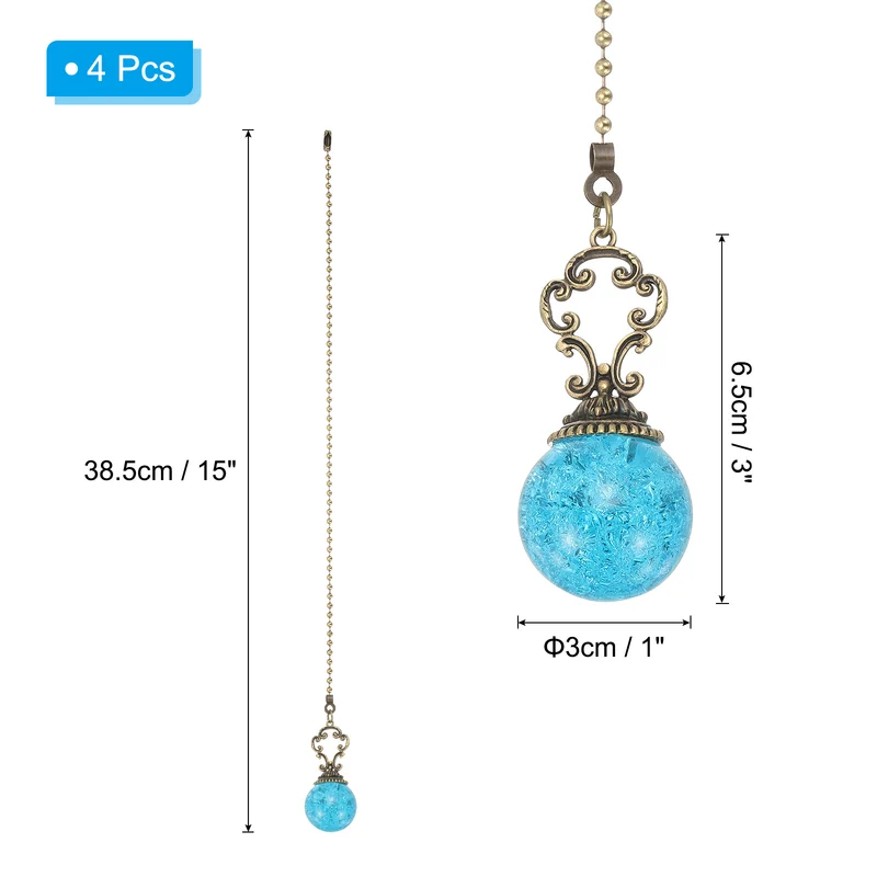 4 Pcs 15" Crystal Ceiling Fan Pull Chain, Lake Blue ( Ball)