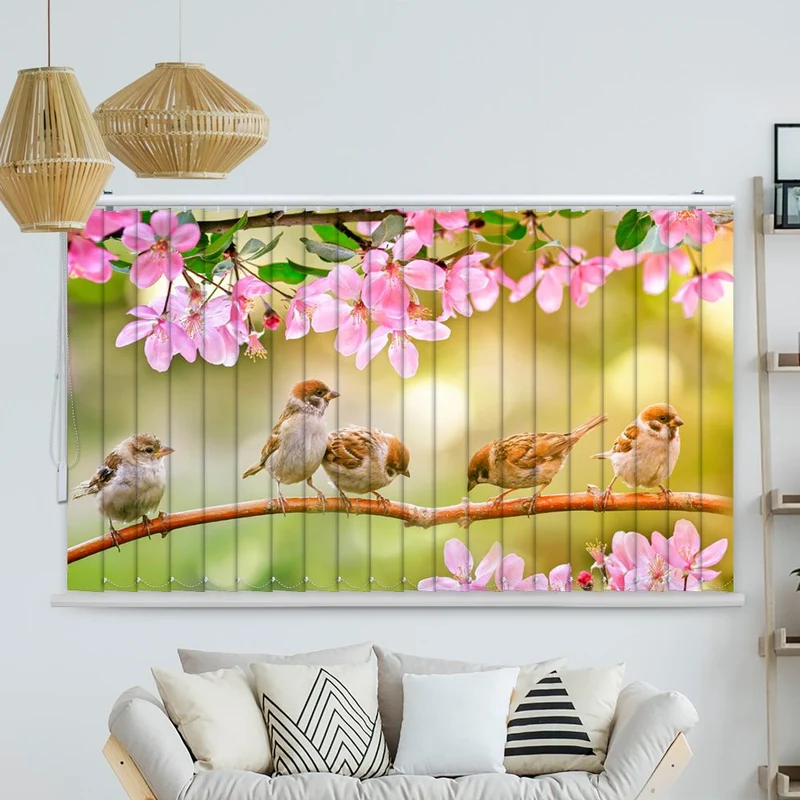 Lamellenvorhang Motiv "Spatz Ast Blüten"