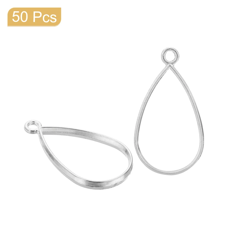 Open Back Bezel Pendants, 50pcs Teardrop Hollow Frame Pendant (Bright Silver)