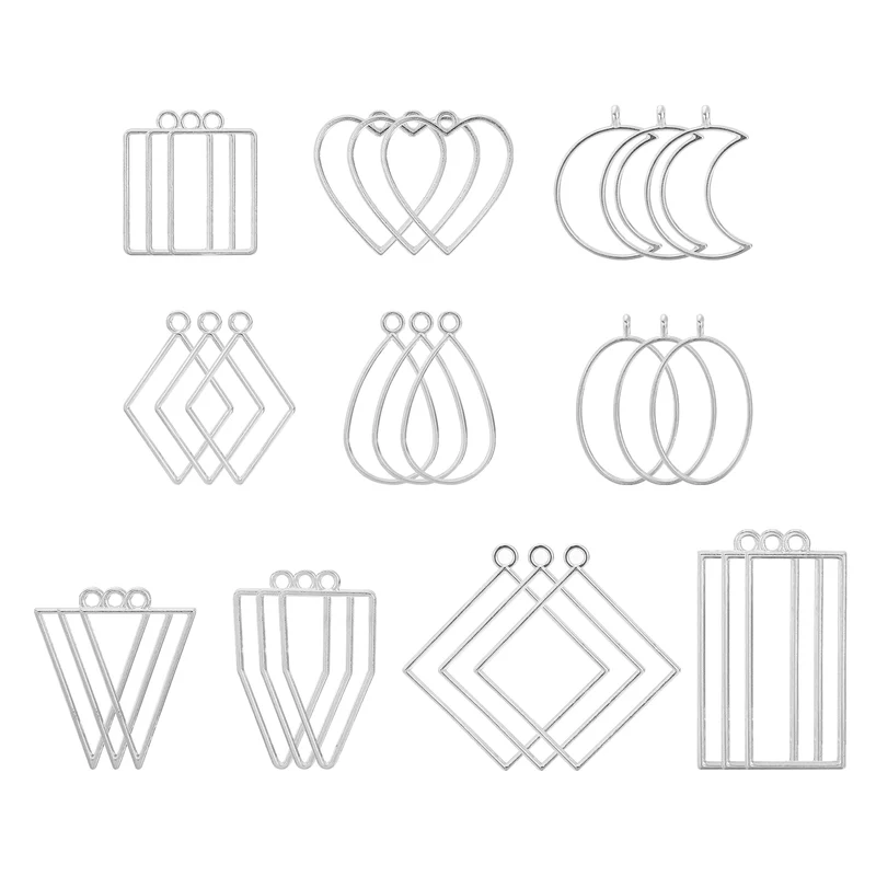 Open Back Bezel Pendants, 3set 10 Styles Hollow Frame Pendant (Bright Silver)