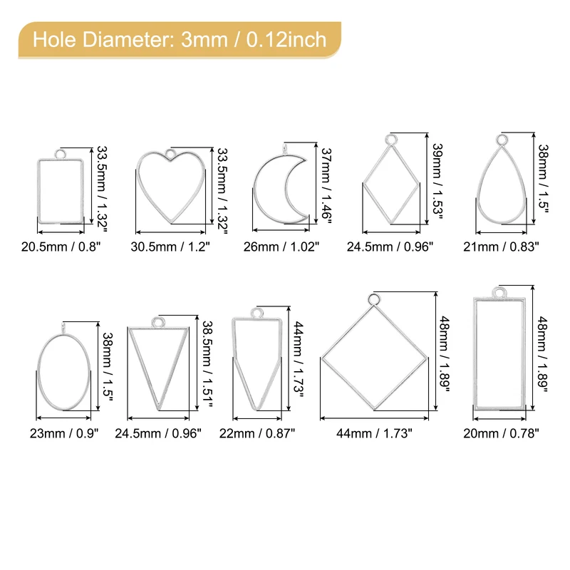 Open Back Bezel Pendants, 3set 10 Styles Hollow Frame Pendant (Bright Silver)