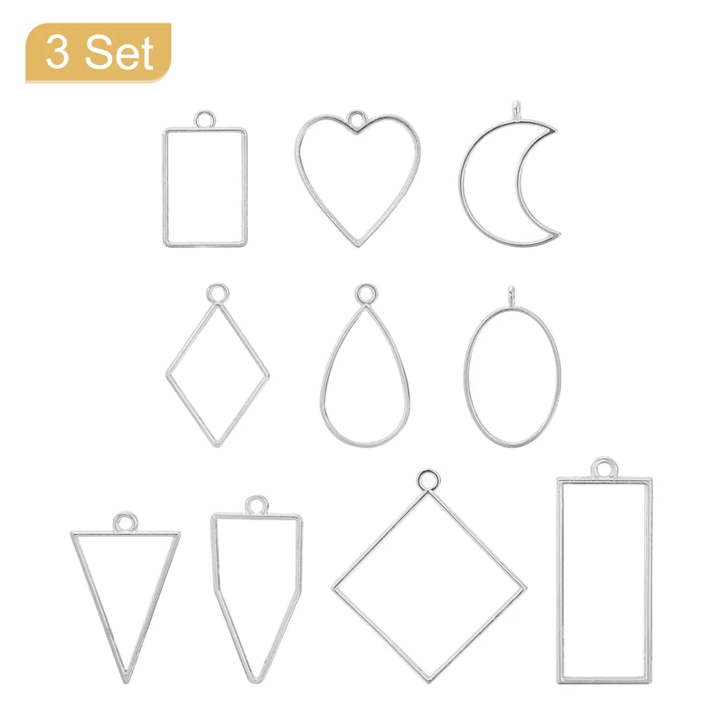 Open Back Bezel Pendants, 3set 10 Styles Hollow Frame Pendant (Bright Silver)