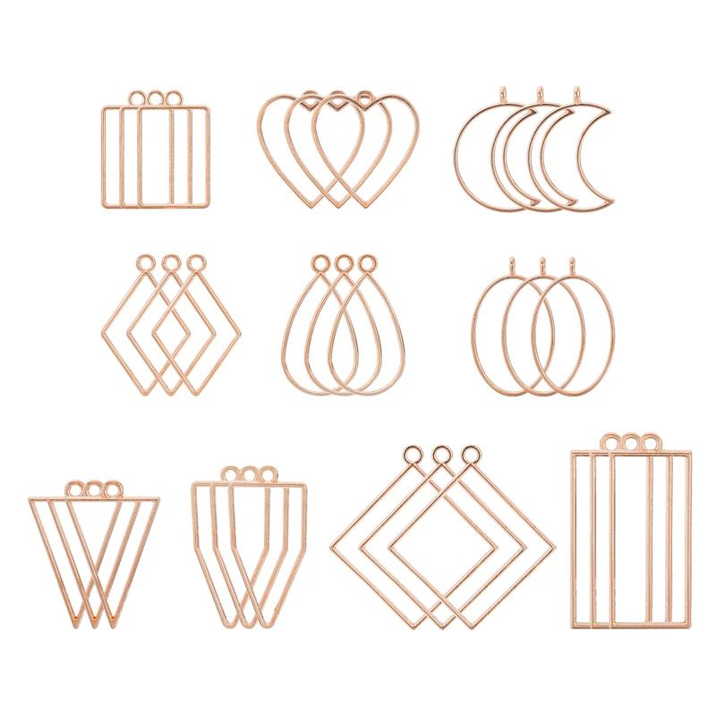 Open Back Bezel Pendants, 3set 10 Styles Hollow Frame Pendant (Rose Gold)