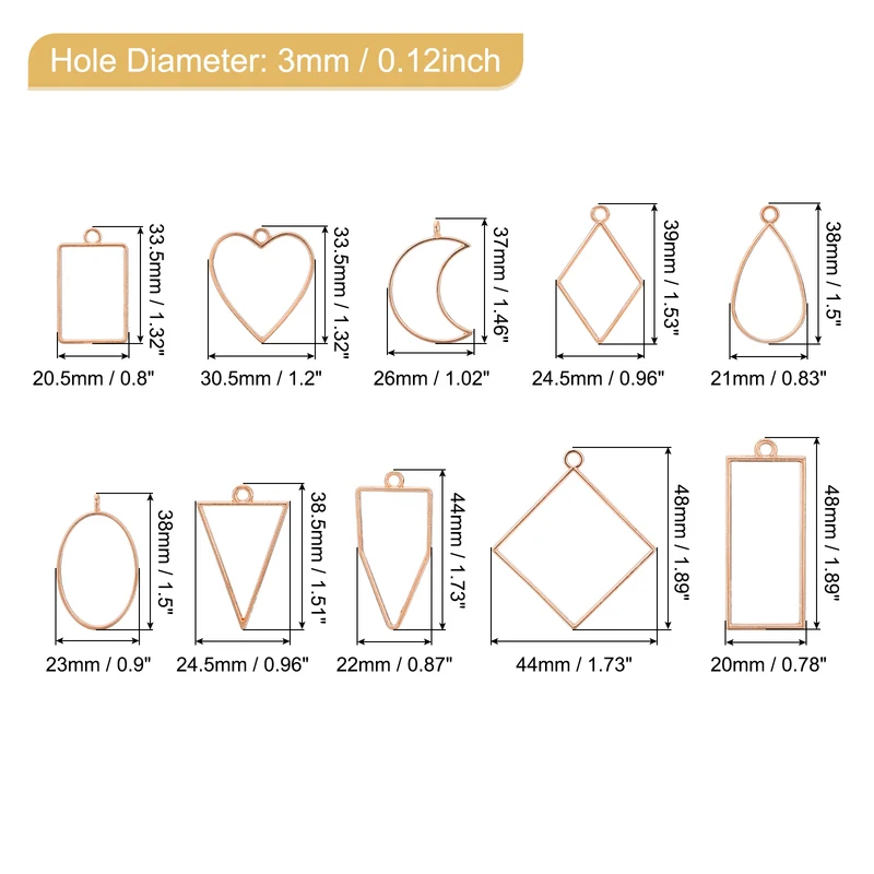 Open Back Bezel Pendants, 3set 10 Styles Hollow Frame Pendant (Rose Gold)