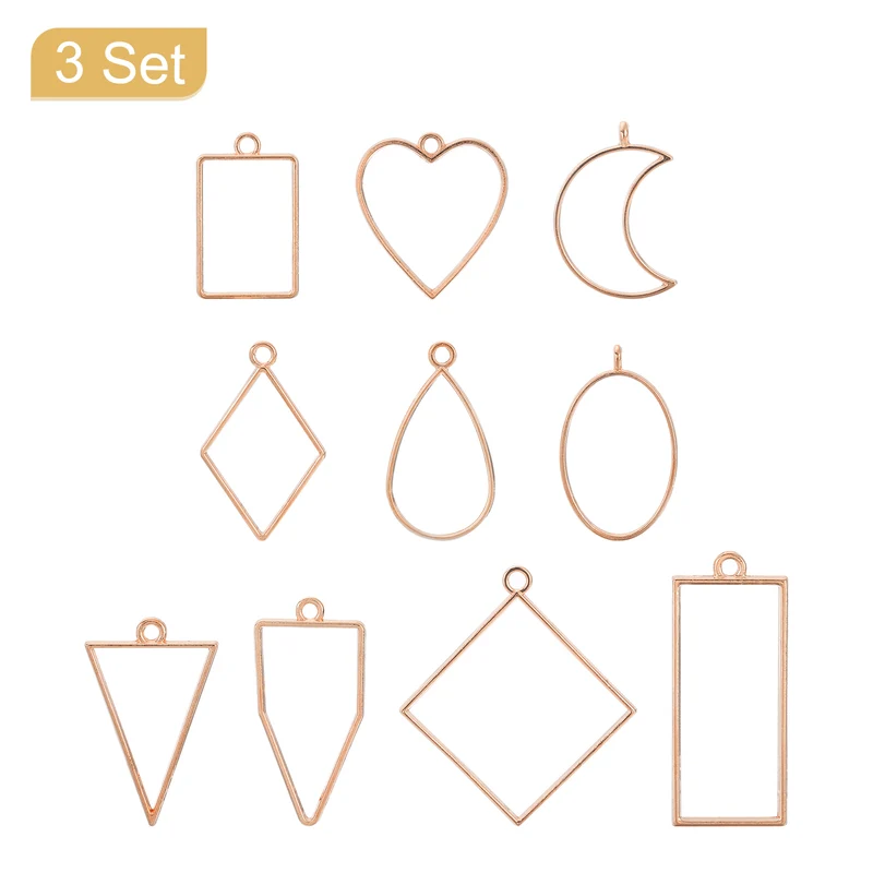 Open Back Bezel Pendants, 3set 10 Styles Hollow Frame Pendant (Rose Gold)
