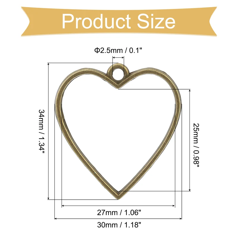 Open Back Bezel Pendants, 30pcs Heart Hollow Frame Pendant (Bronze)
