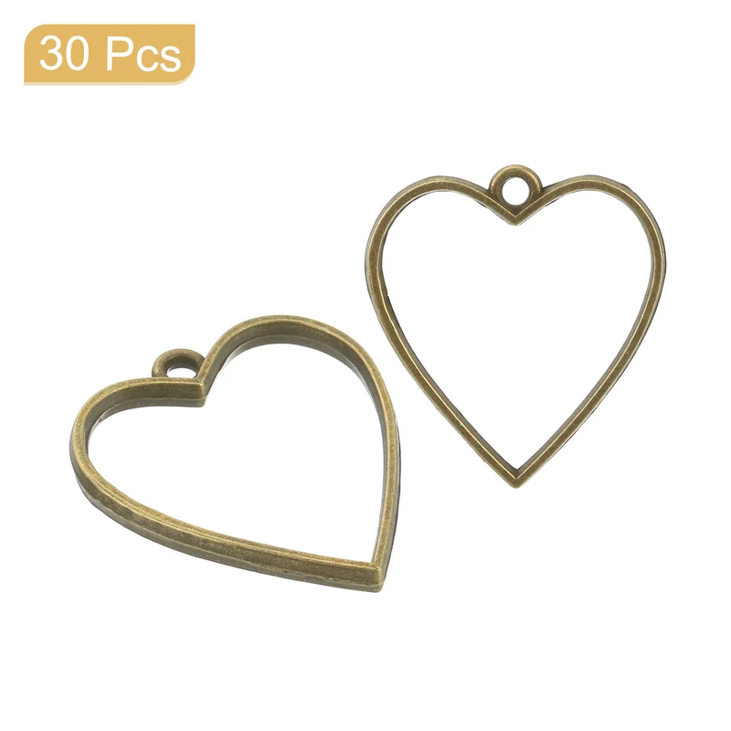 Open Back Bezel Pendants, 30pcs Heart Hollow Frame Pendant (Bronze)
