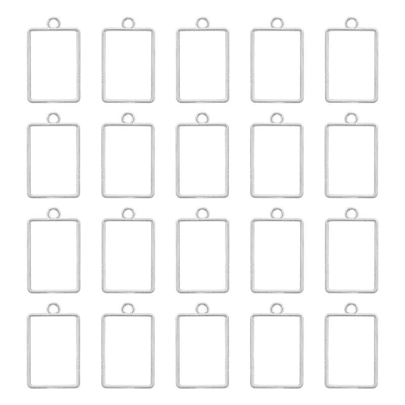 Open Back Bezel Pendants, 30pcs Rectangular Hollow Frame Pendant (Bright Silver)