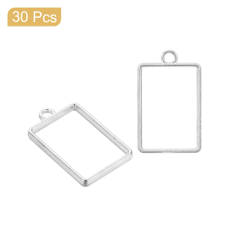Open Back Bezel Pendants, 30pcs Rectangular Hollow Frame Pendant (Bright Silver)