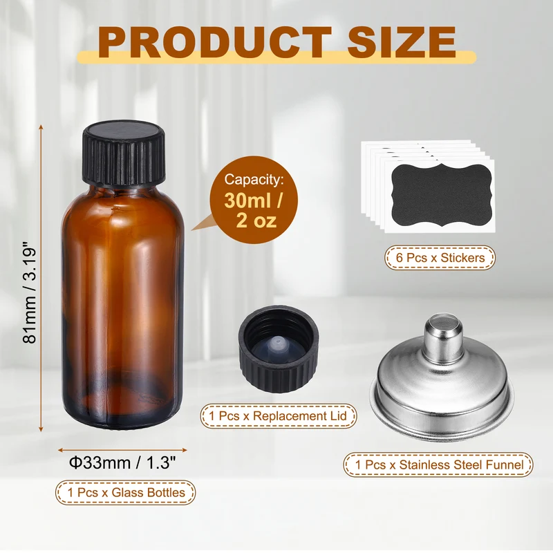 2oz/30ml Round Glass Bottles, Amber Sample Glass Bottle Empty Containers