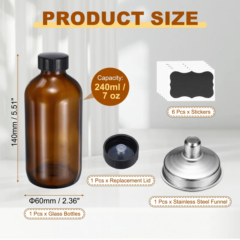 7oz/240ml Round Glass Bottles, Amber Sample Glass Bottle Empty Containers